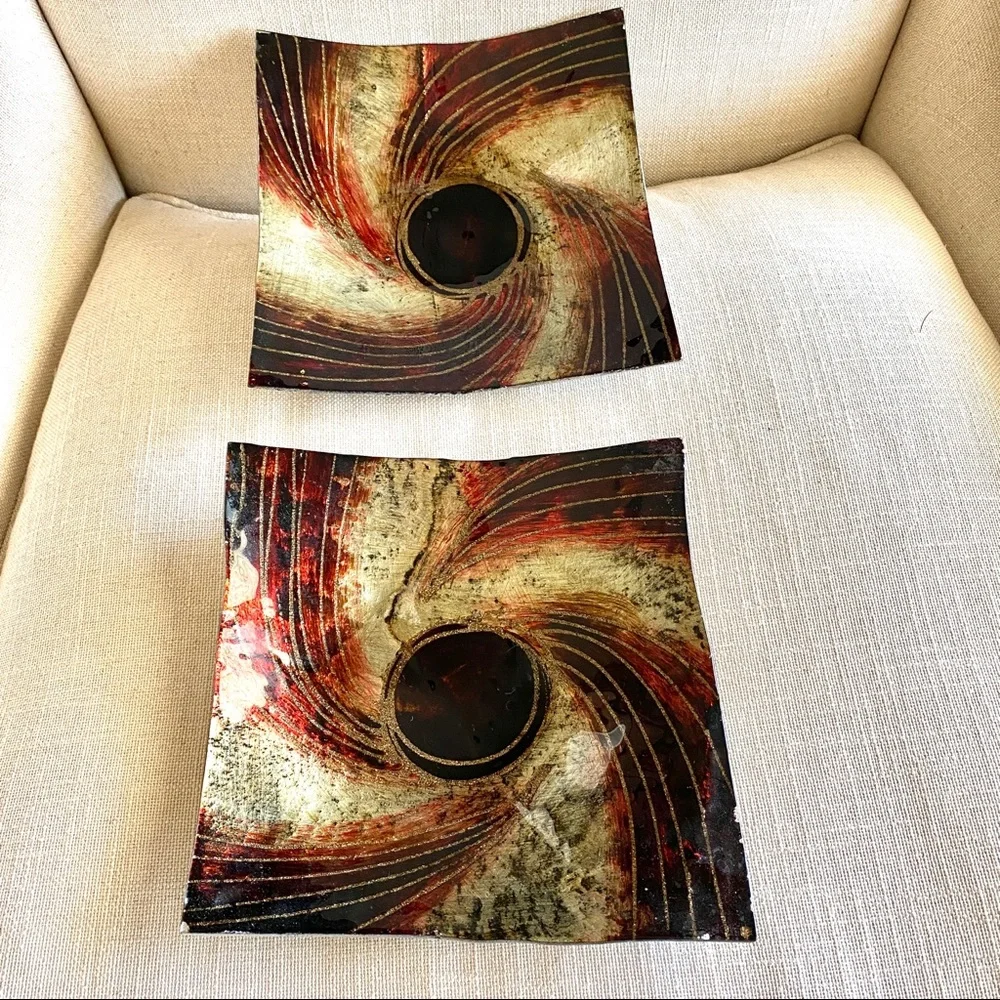 Italian Glass candy dish candle holder plates home decor display 2 piece red set